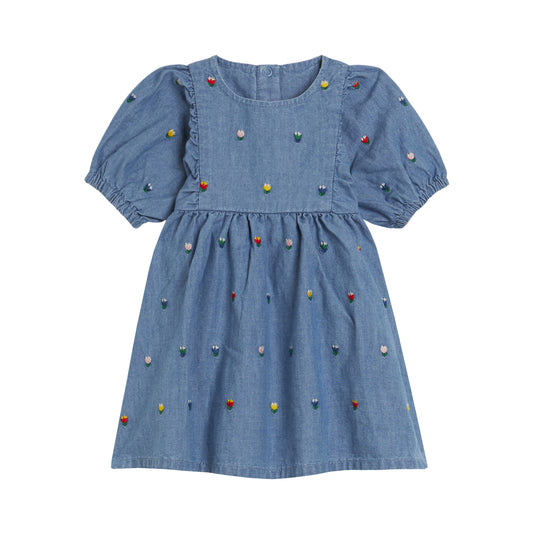 STELLA MCCARTNEY KIDS - BBY - BABY GIRL SS CHAMBRAY DRESS WITH TULIP EMBRO - BLUE
