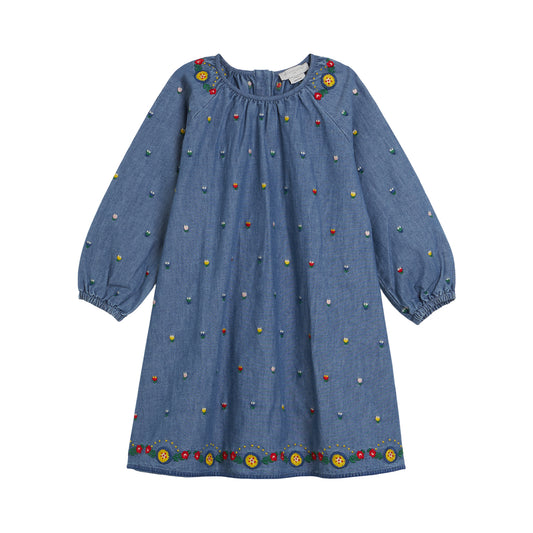 STELLA MCCARTNEY KIDS - TG - GIRL LS CHAMBRAY DRESS WITH TULIP EMBRO - BLUE