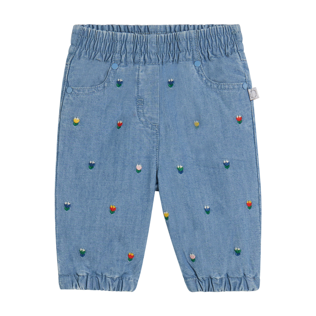 STELLA MCCARTNEY KIDS - BBY - BABY GIRL CHAMBRAY PANTS WITH TULIPS EMBRO - BLUE