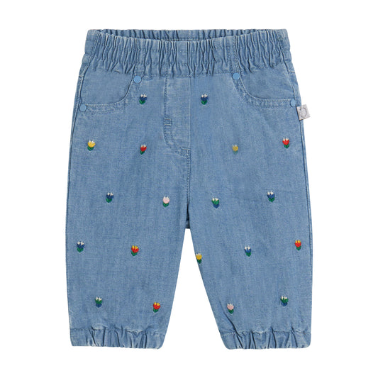 STELLA MCCARTNEY KIDS - BBY - BABY GIRL CHAMBRAY PANTS WITH TULIPS EMBRO - BLUE
