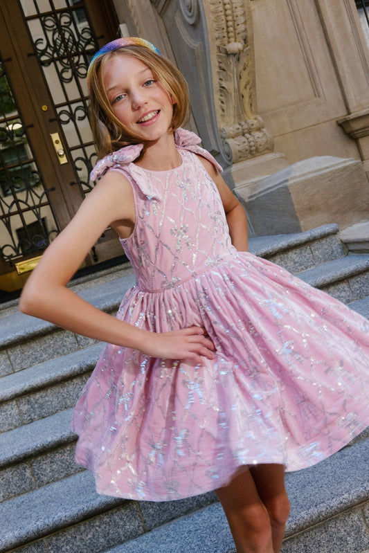 LOLA AND THE BOYS - TG - VELVET SHIMMER BOW DRESS - PINK