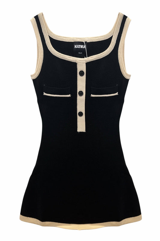 KATIE J NYC WHITNEY COLORBLOCK PLEATED SLEEVELESS DRESS CREAM BLACK