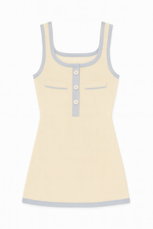 KATIE J NYC WHITNEY COLORBLOCK PLEATED SLEEVELESS DRESS CREAM BLUE