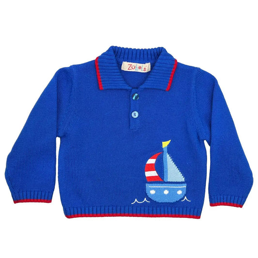 PETIT AMI & ZUBELS - TB - SAILBOAT COLLARED KNIT SWEATER - BLUE