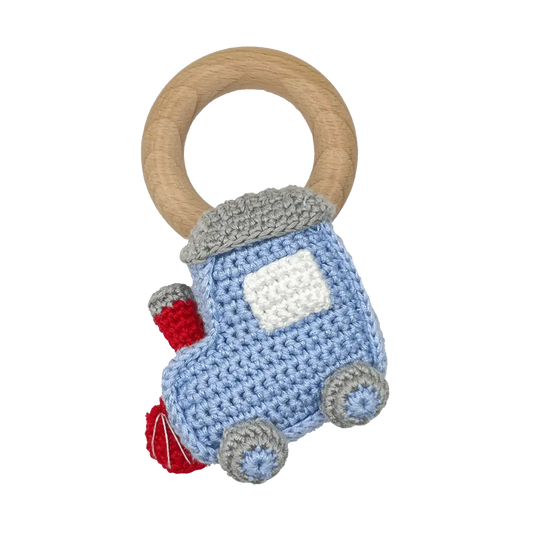 PETIT AMI & ZUBELS - T&B - TRAIN BAMBOO CROCHET WOODRING RATTLE - BLUE