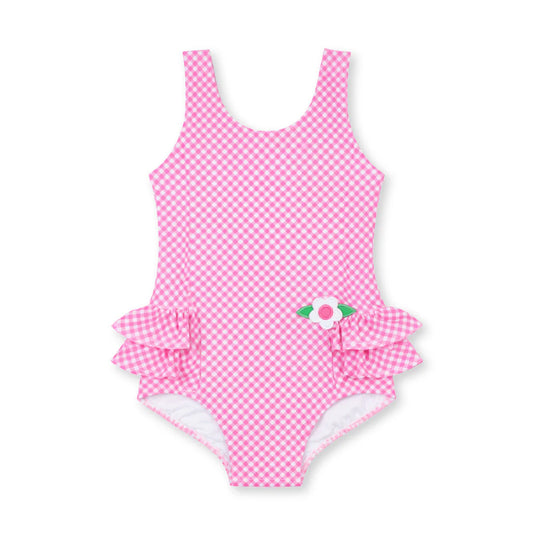 FLORENCE EISEMAN - TG - GINGHAM SWIMSUIT W/RUFFLES AND FLOWER - PINK