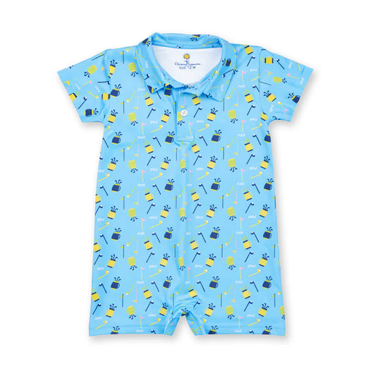FLORENCE EISEMAN - BBY - GOLF PRINT PERFORMANCE KNIT SHORTALL - BLUE