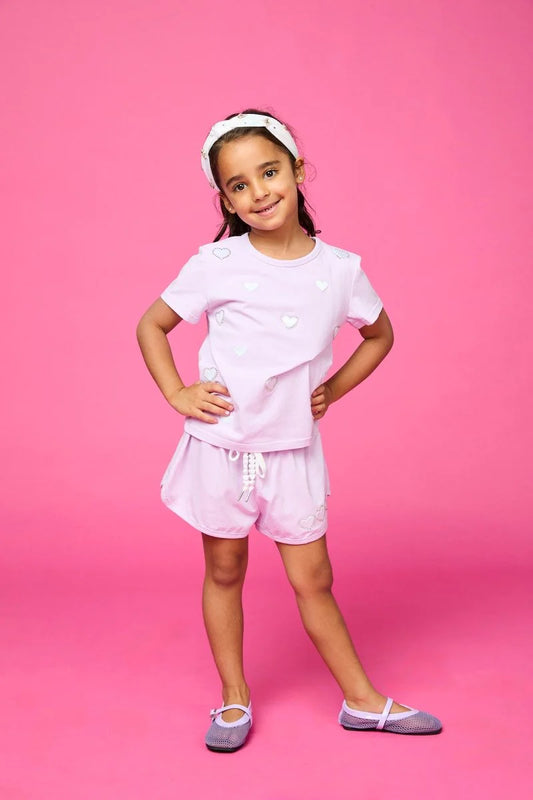 MINI DREAMERS - TG - CHELSEA CRYSTAL HEARTS SS AND SHORTS SET - PURPLE