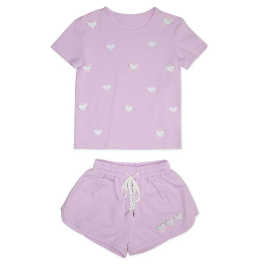 MINI DREAMERS - TG - CHELSEA CRYSTAL HEARTS SS AND SHORTS SET - PURPLE