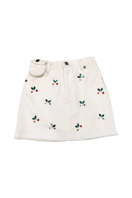 LOLA AND THE BOYS - BG - CHERRY ON TOP GEM DENIM SKIRT - WHITE