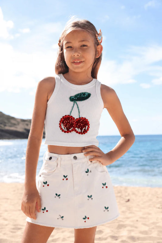 LOLA AND THE BOYS - BG - CHERRY ON TOP GEM DENIM SKIRT - WHITE