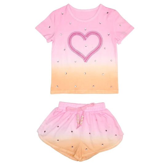 MINI DREAMERS - BG - CORA CRYSTAL HEART DIP DYE SS AND SHORTS SET - MULTI