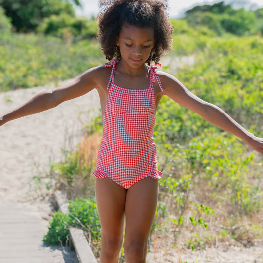 MINNOW - BG - GIRLS FLORAL GINGHAM FRONT TIE STRAP HALTER ONE PIECE - RED GINGHAM