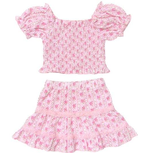 MINI DREAMERS - BG - KAYLA FLORAL SMOCKED TOP AND SKIRT SET - PINK