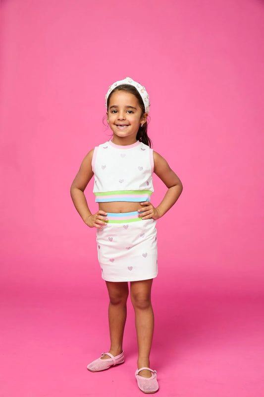 MINI DREAMERS - BG - KRISTINA CRYSTAL HEART TENNIS CROP TOP AND SKIRT SET - WHITE