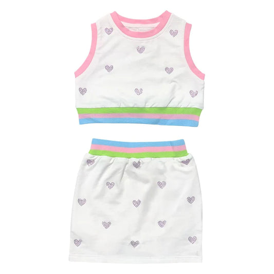 MINI DREAMERS - BG - KRISTINA CRYSTAL HEART TENNIS CROP TOP AND SKIRT SET - WHITE