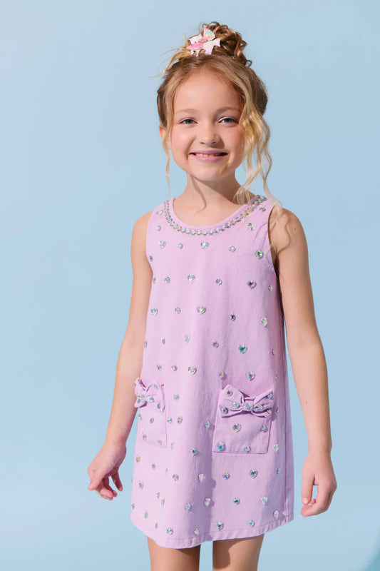 LOLA AND THE BOYS - TG - LAVENDER CRYSTAL HEART DENIM BOW DRESS - LAVENDER