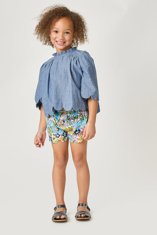 PINK CHICKEN - BG - GIRLS SCALLOP SHORT - BLUE LARGE SKETCHED FLORAL