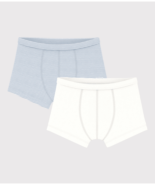 PETIT BATEAU - BB - BOY 2 PACK STRIPE AND SOLID BOXERS - WHITE BLUE