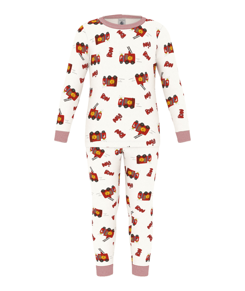 PETIT BATEAU - BB - BOY LOUNGEWEAR LS FIRE TRUCKS PRINT TOP - WHITE MULTI