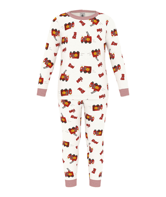 PETIT BATEAU - TB - BOY LOUNGEWEAR LS FIRE TRUCKS PRINT TOP - WHITE MULTI