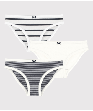PETIT BATEAU - TG - GIRL 3 PACK STRIPE AND SOLID UNDERWEAR - WHITE NAVY