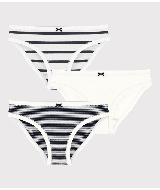 PETIT BATEAU - TG - GIRL 3 PACK STRIPE AND SOLID UNDERWEAR - WHITE NAVY