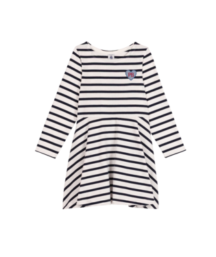PETIT BATEAU - TG - GIRL LS STRIPE DRESS - WHITE NAVY