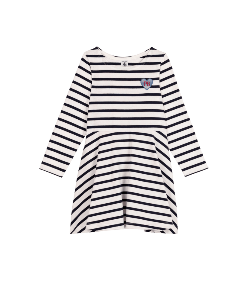 PETIT BATEAU - TG - GIRL LS STRIPE DRESS - WHITE NAVY