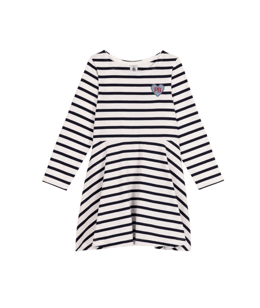 PETIT BATEAU - TG - GIRL LS STRIPE DRESS - WHITE NAVY