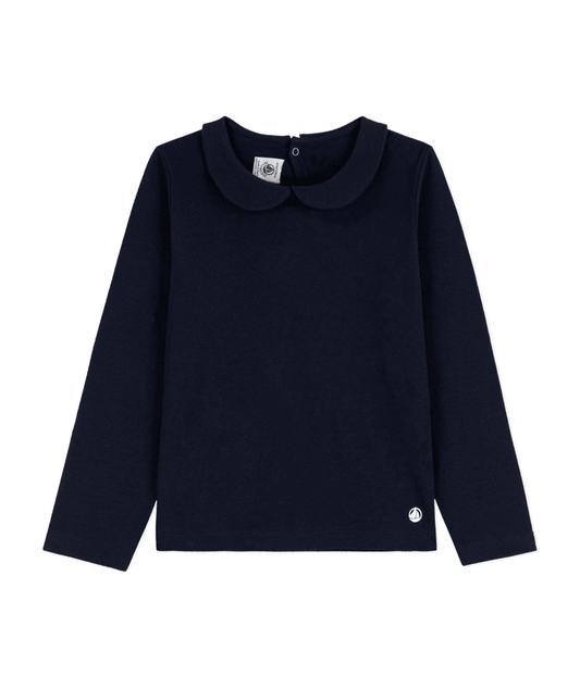 PETIT BATEAU - TG - GIRL LS TEE WITH PETER PAN COLLAR - NAVY