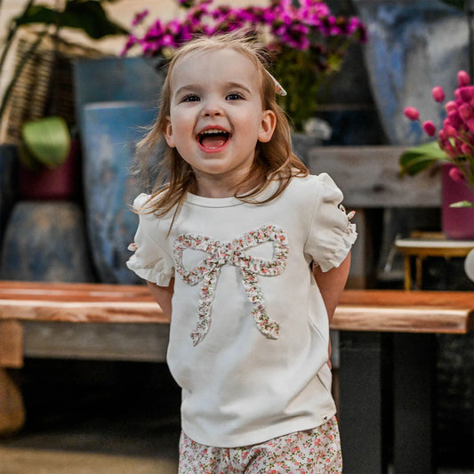 OH BABY! - TG - BLUSH POPPY SPRIG RUFFLE BOW LAYLA TEE - OYSTER