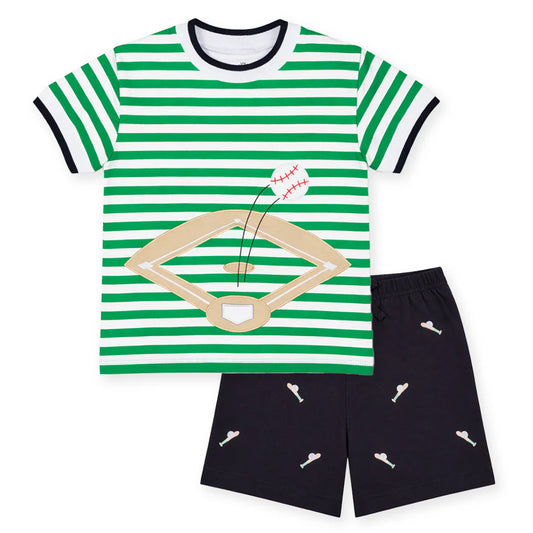 FLORENCE EISEMAN - TB - KNIT SHORT SET WITH BASEBALL FIELD  - GREEN/NAVY
