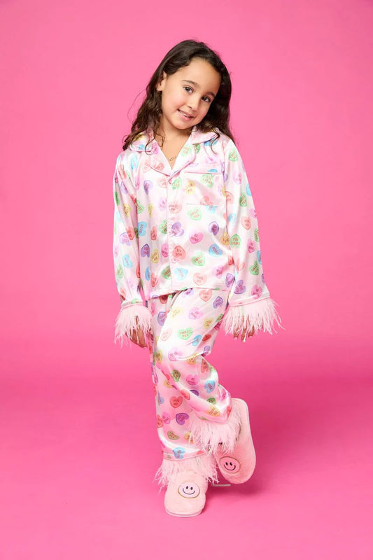 MINI DREAMERS - BG - SWEETHEART FEATHER TRIM SILKY SET - PINK