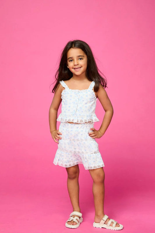 MINI DREAMERS - BG - TIFFANY FLORAL BOW TOP AND SKIRT SET - BLUE