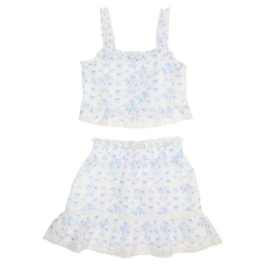 MINI DREAMERS - BG - TIFFANY FLORAL BOW TOP AND SKIRT SET - BLUE