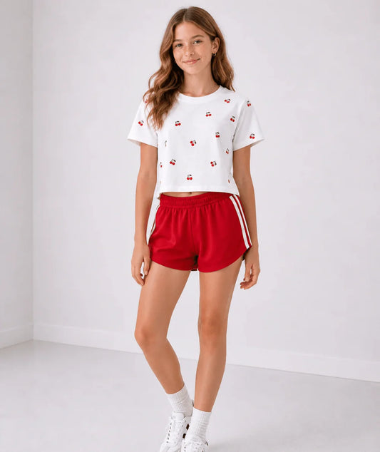 KATIE J NYC - BG - TWEEN FEARLESS CROP TEE - WHITE/MINI CHERRY