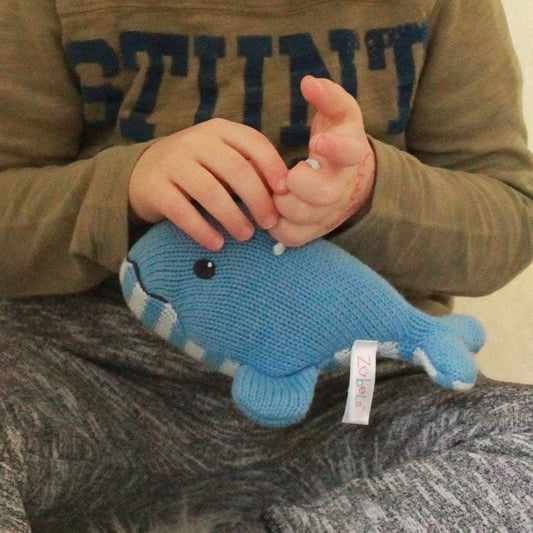 PETIT AMI & ZUBELS - T&B - WALLY THE WHALE KNIT DOLL 7" RATTLE