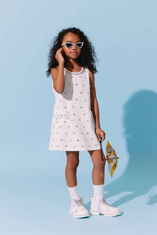 LOLA AND THE BOYS - BG - WHITE CRYSTAL HEART DENIM BOW DRESS - WHITE