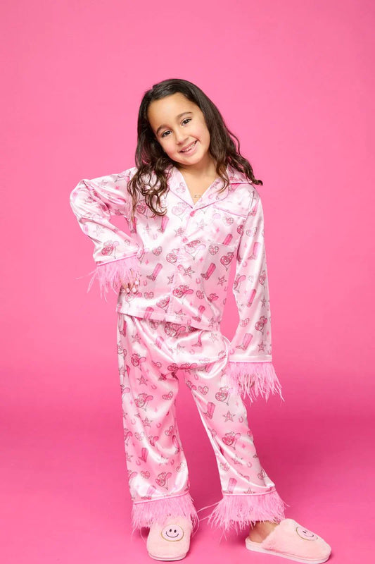 MINI DREAMERS - TG - WILD WEST FEATHER TRIM SILKY SET - PINK