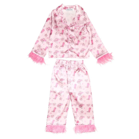 MINI DREAMERS - TG - WILD WEST FEATHER TRIM SILKY SET - PINK