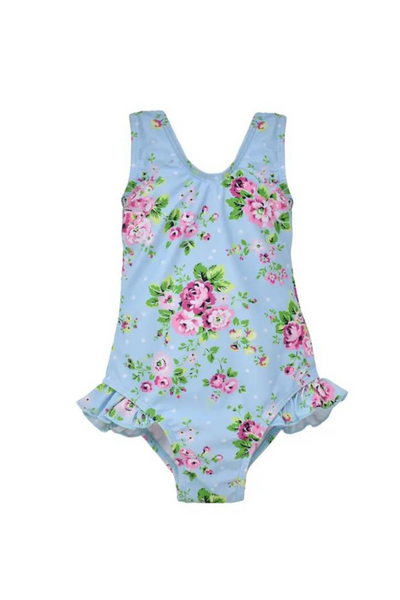Blue Floral Hip Ruffle Swimsuit