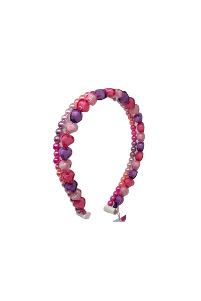 Beaded Heart Double Headband - Pink/Purple